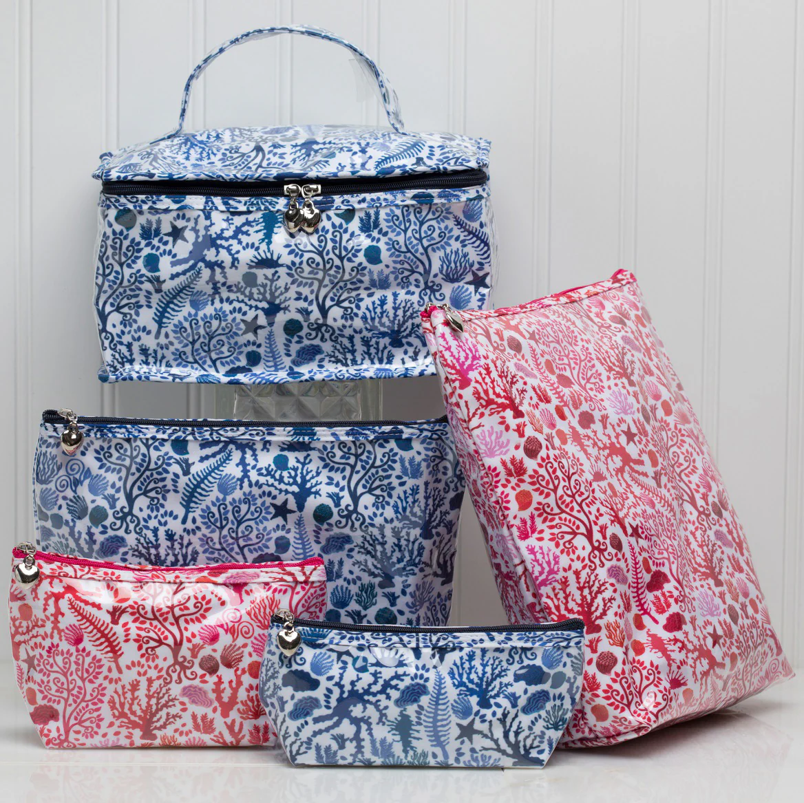 Cosmetic Bag (Medium), Cotton/Waterproof PVC, Seashell Blue - Image 2