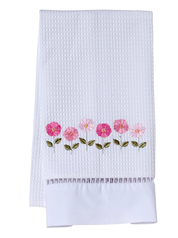 Guest Towel, Waffle Weave, Row of Flowers (Pink)